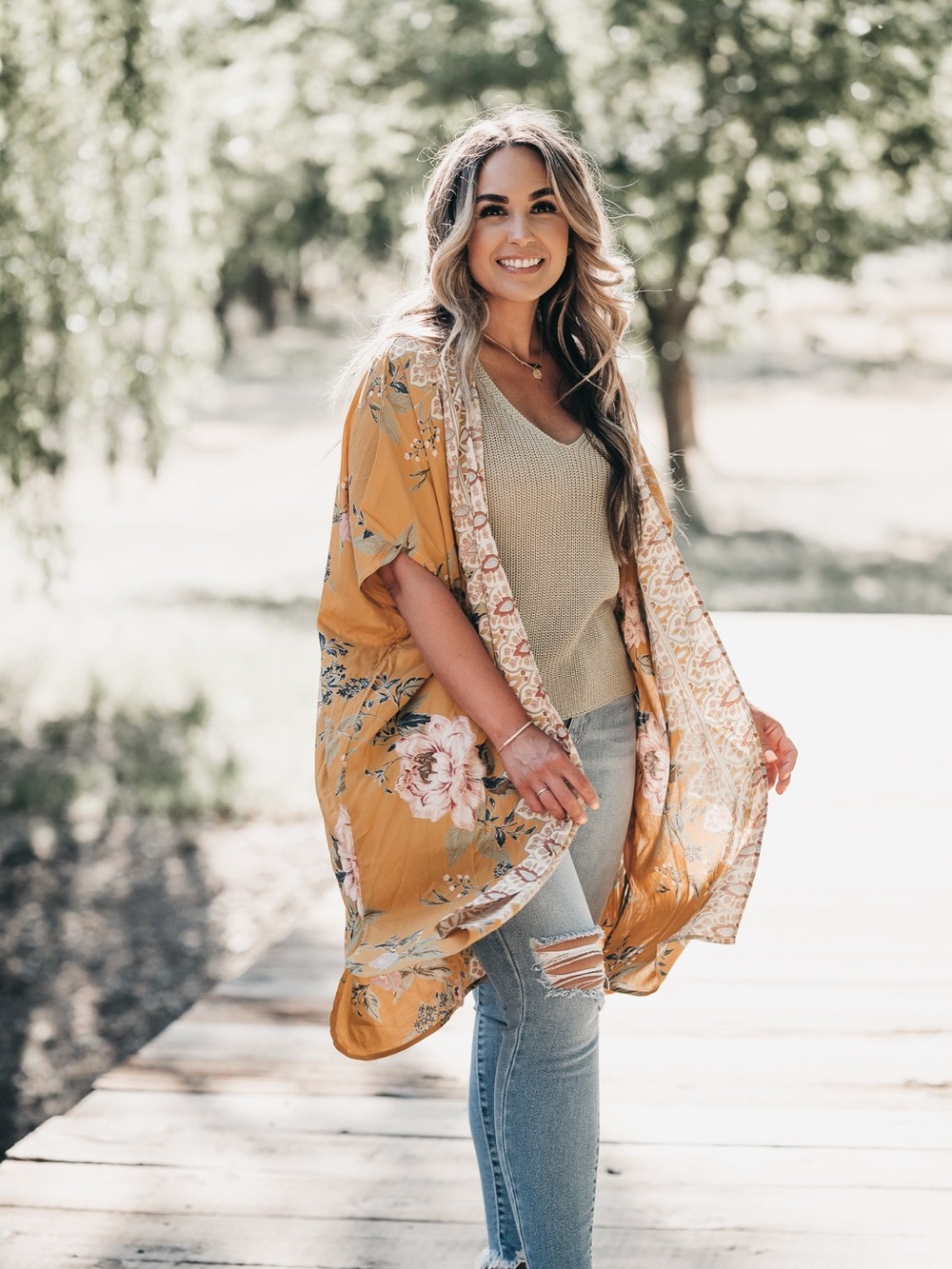 Plus size Angie Mustard Floral Kimono Cardigan